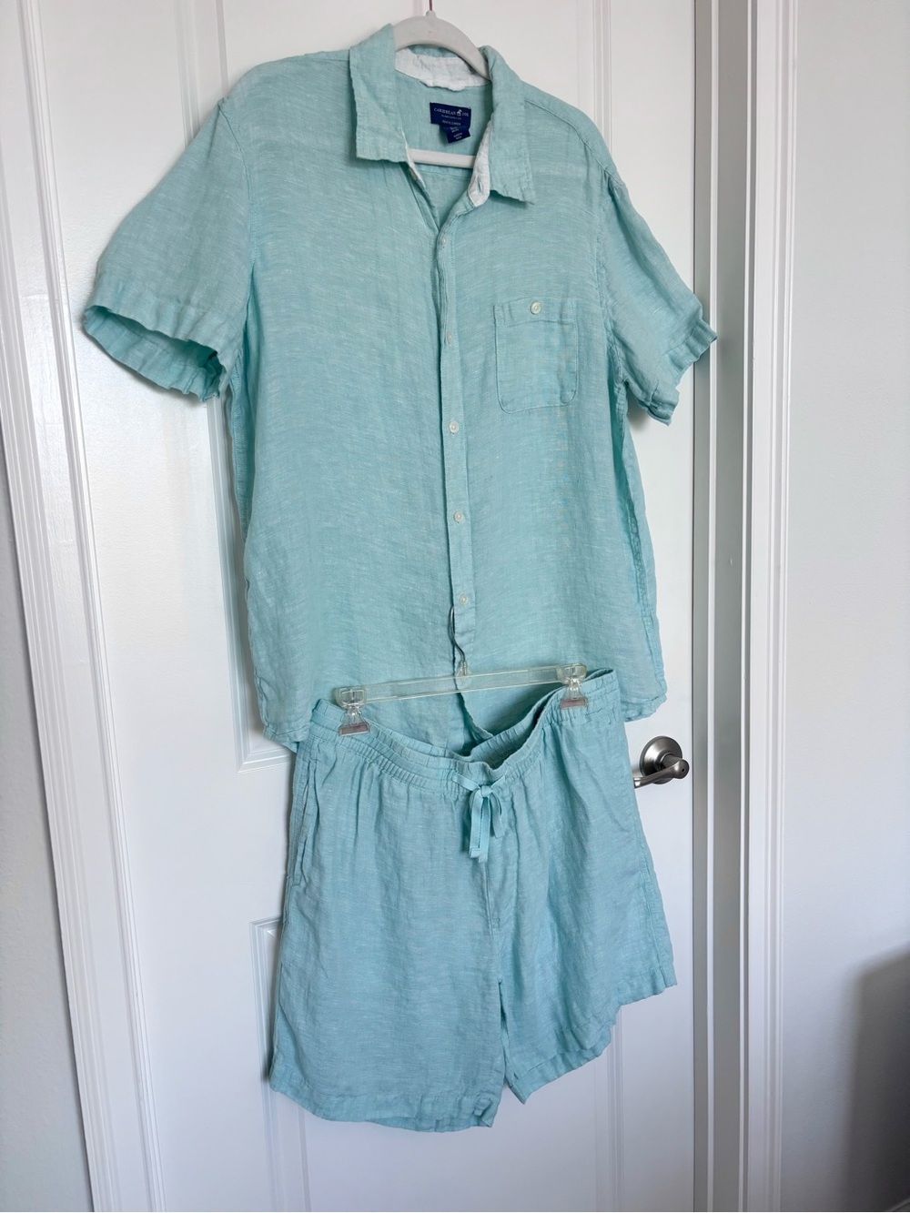 100% Linen Caribbean Joe Button Up Set Shirt Shorts Egg Blue Resort Preppy XL